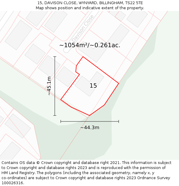 15, DAVISON CLOSE, WYNYARD, BILLINGHAM, TS22 5TE: Plot and title map