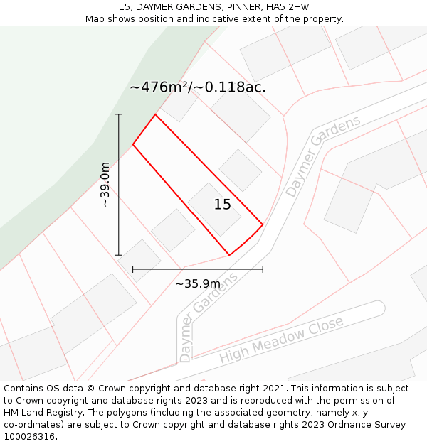 15, DAYMER GARDENS, PINNER, HA5 2HW: Plot and title map