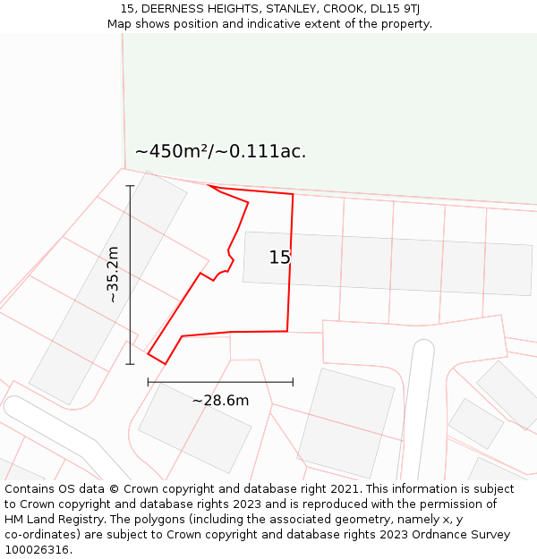 15, DEERNESS HEIGHTS, STANLEY, CROOK, DL15 9TJ: Plot and title map