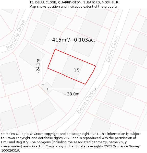 15, DEIRA CLOSE, QUARRINGTON, SLEAFORD, NG34 8UR: Plot and title map