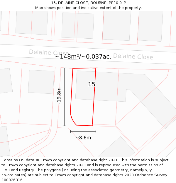 15, DELAINE CLOSE, BOURNE, PE10 9LP: Plot and title map