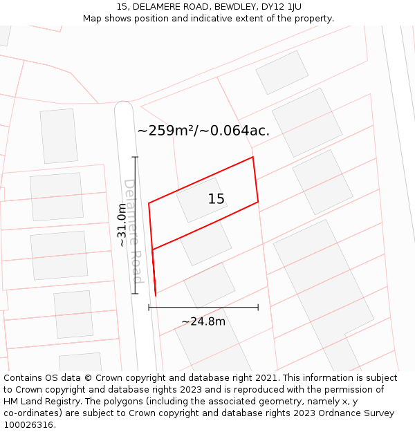 15, DELAMERE ROAD, BEWDLEY, DY12 1JU: Plot and title map