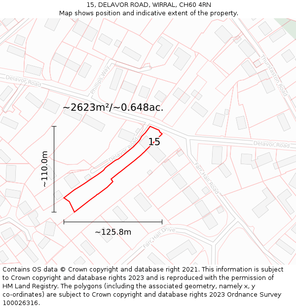 15, DELAVOR ROAD, WIRRAL, CH60 4RN: Plot and title map