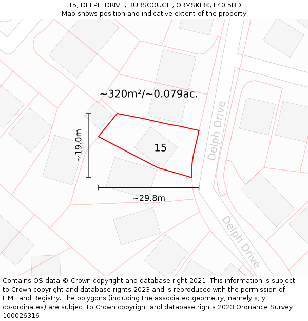 15, DELPH DRIVE, BURSCOUGH, ORMSKIRK, L40 5BD: Plot and title map