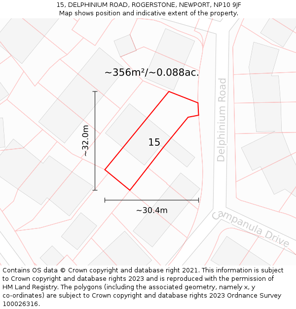 15, DELPHINIUM ROAD, ROGERSTONE, NEWPORT, NP10 9JF: Plot and title map