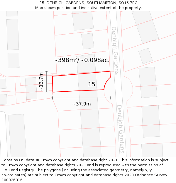 15, DENBIGH GARDENS, SOUTHAMPTON, SO16 7PG: Plot and title map