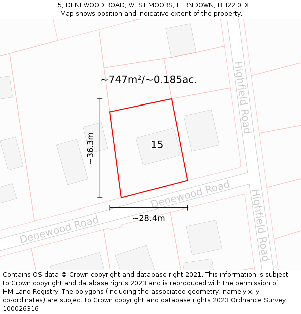 15, DENEWOOD ROAD, WEST MOORS, FERNDOWN, BH22 0LX: Plot and title map
