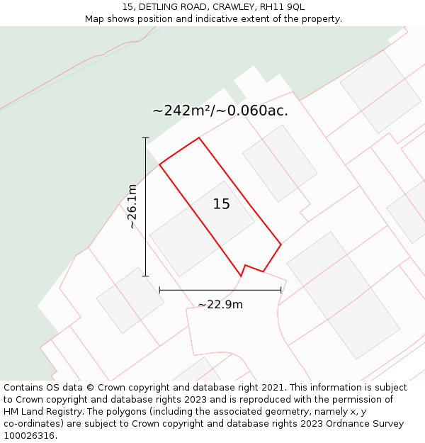 15, DETLING ROAD, CRAWLEY, RH11 9QL: Plot and title map