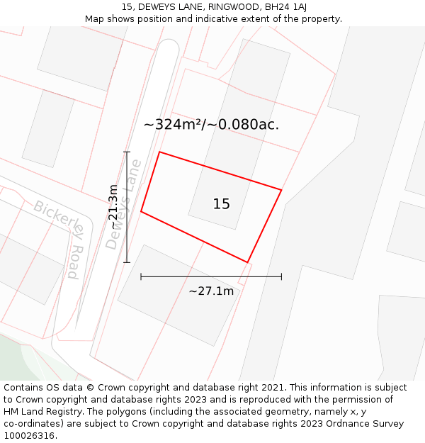 15, DEWEYS LANE, RINGWOOD, BH24 1AJ: Plot and title map