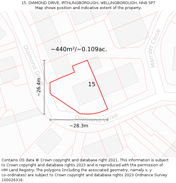 15, DIAMOND DRIVE, IRTHLINGBOROUGH, WELLINGBOROUGH, NN9 5PT: Plot and title map