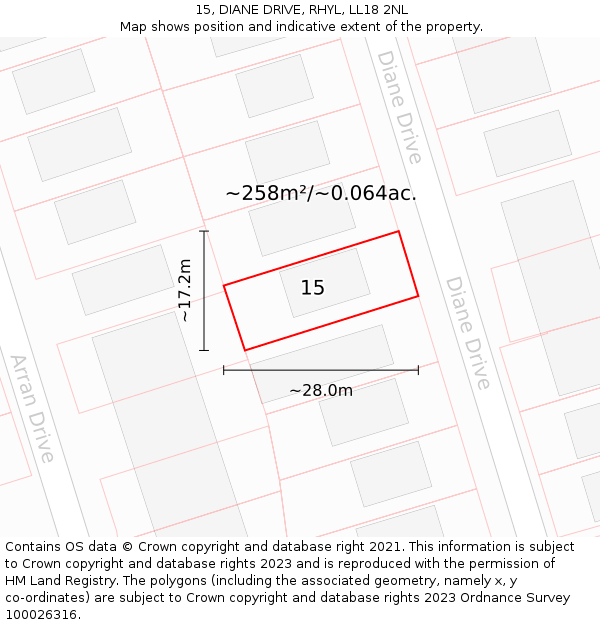 15, DIANE DRIVE, RHYL, LL18 2NL: Plot and title map