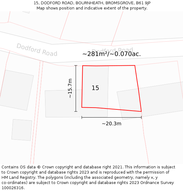 15, DODFORD ROAD, BOURNHEATH, BROMSGROVE, B61 9JP: Plot and title map