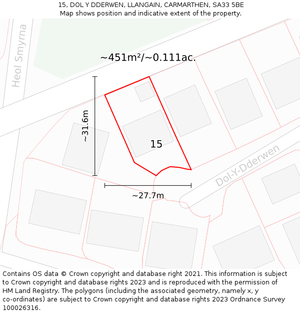 15, DOL Y DDERWEN, LLANGAIN, CARMARTHEN, SA33 5BE: Plot and title map