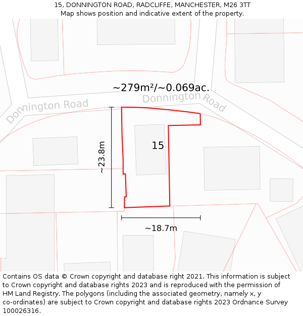 15, DONNINGTON ROAD, RADCLIFFE, MANCHESTER, M26 3TT: Plot and title map