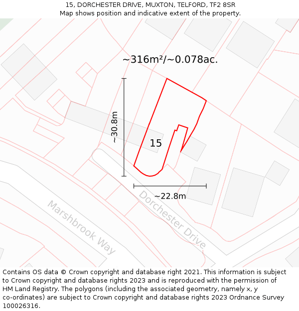 15, DORCHESTER DRIVE, MUXTON, TELFORD, TF2 8SR: Plot and title map