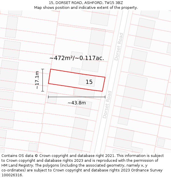 15, DORSET ROAD, ASHFORD, TW15 3BZ: Plot and title map