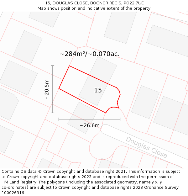 15, DOUGLAS CLOSE, BOGNOR REGIS, PO22 7UE: Plot and title map