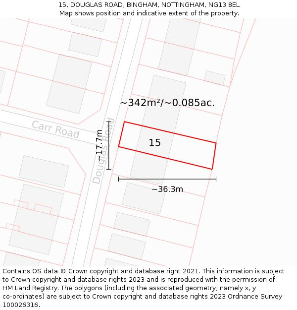 15, DOUGLAS ROAD, BINGHAM, NOTTINGHAM, NG13 8EL: Plot and title map