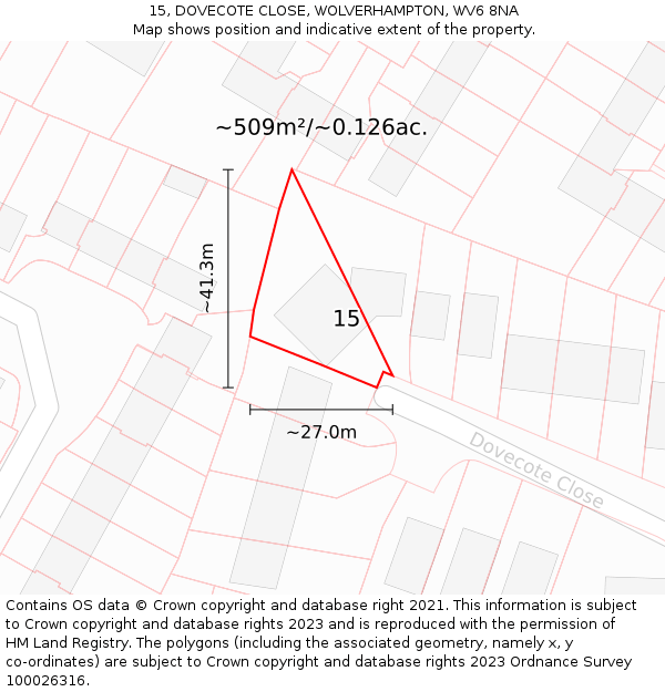 15, DOVECOTE CLOSE, WOLVERHAMPTON, WV6 8NA: Plot and title map