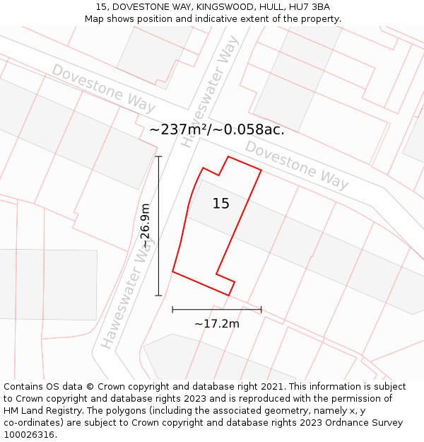 15, DOVESTONE WAY, KINGSWOOD, HULL, HU7 3BA: Plot and title map