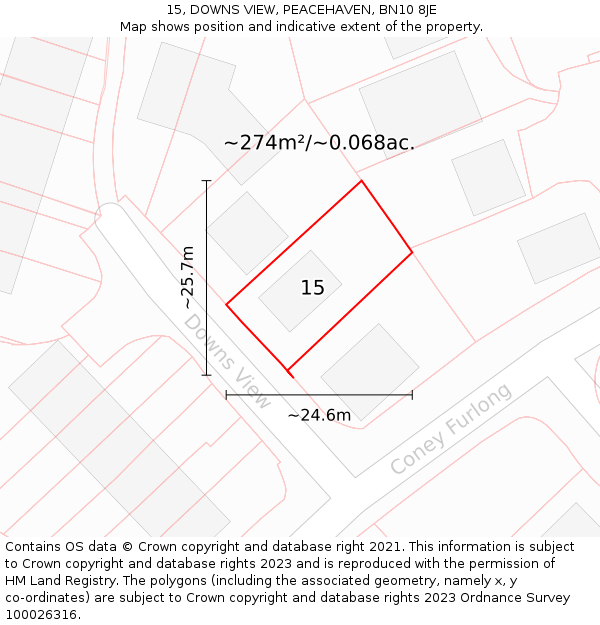 15, DOWNS VIEW, PEACEHAVEN, BN10 8JE: Plot and title map