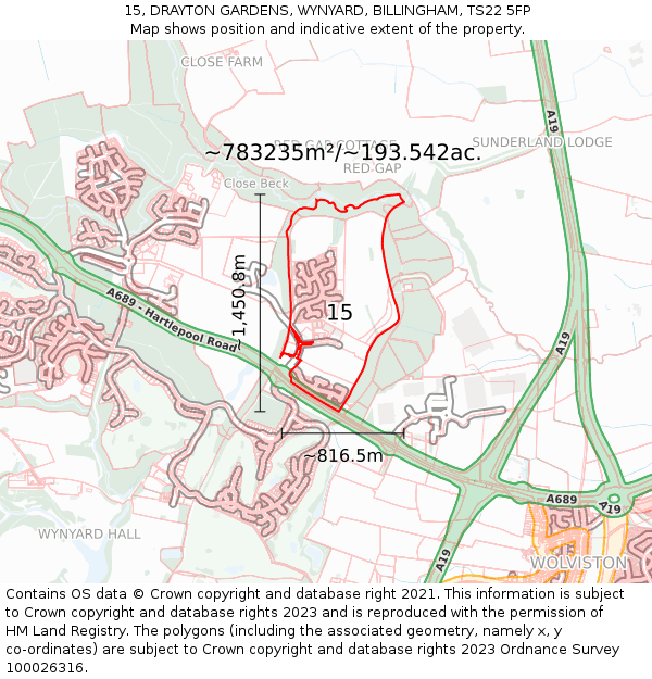 15, DRAYTON GARDENS, WYNYARD, BILLINGHAM, TS22 5FP: Plot and title map