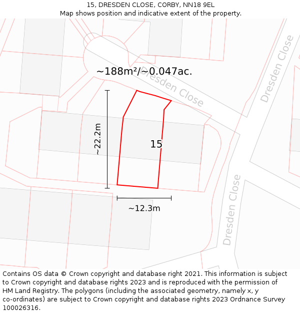 15, DRESDEN CLOSE, CORBY, NN18 9EL: Plot and title map