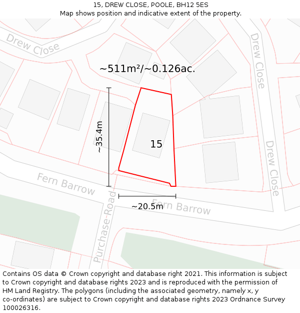 15, DREW CLOSE, POOLE, BH12 5ES: Plot and title map