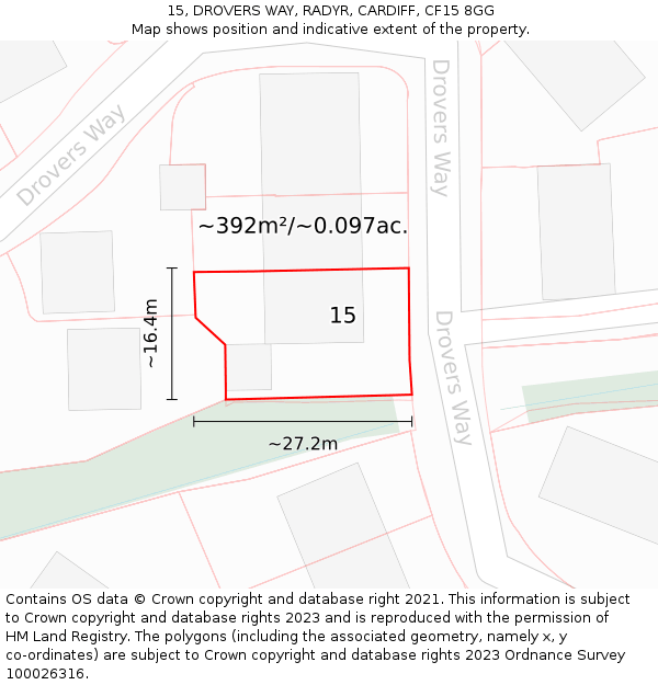 15, DROVERS WAY, RADYR, CARDIFF, CF15 8GG: Plot and title map