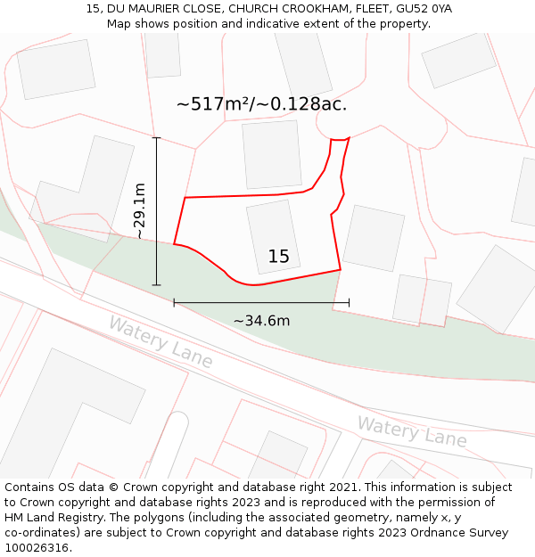 15, DU MAURIER CLOSE, CHURCH CROOKHAM, FLEET, GU52 0YA: Plot and title map