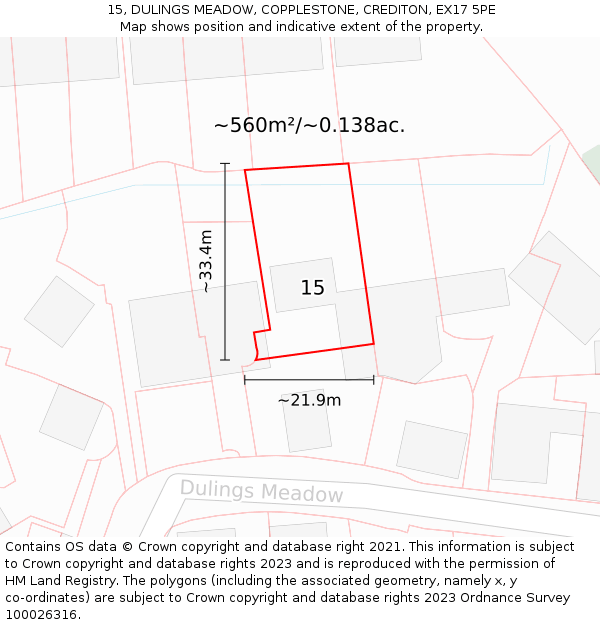 15, DULINGS MEADOW, COPPLESTONE, CREDITON, EX17 5PE: Plot and title map