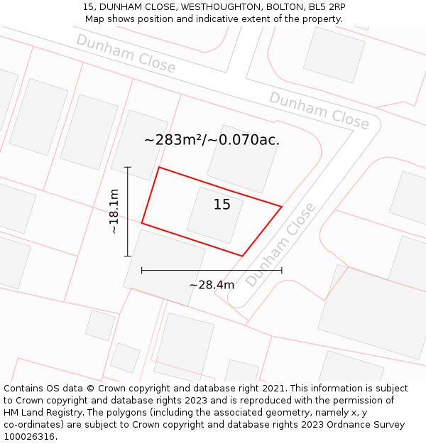 15, DUNHAM CLOSE, WESTHOUGHTON, BOLTON, BL5 2RP: Plot and title map