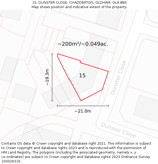 15, DUNSTER CLOSE, CHADDERTON, OLDHAM, OL9 8BS: Plot and title map