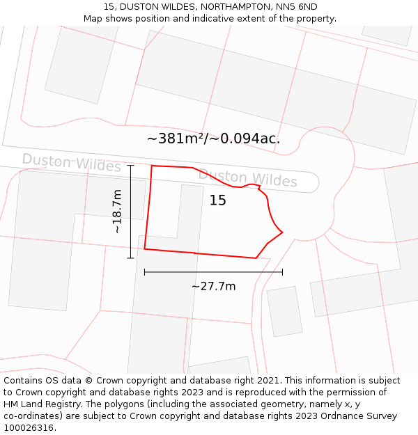 15, DUSTON WILDES, NORTHAMPTON, NN5 6ND: Plot and title map