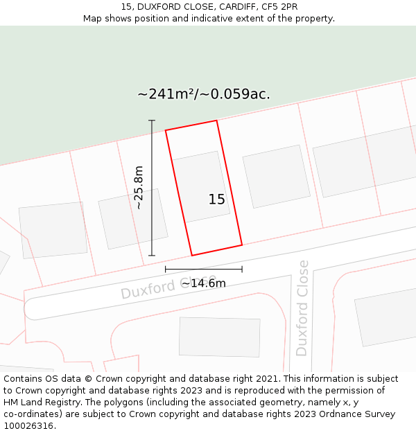 15, DUXFORD CLOSE, CARDIFF, CF5 2PR: Plot and title map