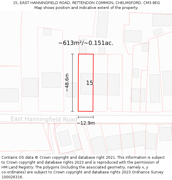 15, EAST HANNINGFIELD ROAD, RETTENDON COMMON, CHELMSFORD, CM3 8EG: Plot and title map