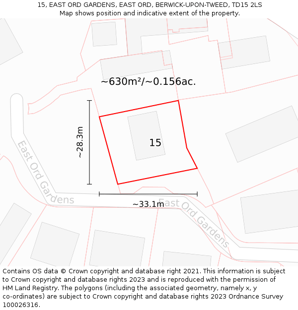 15, EAST ORD GARDENS, EAST ORD, BERWICK-UPON-TWEED, TD15 2LS: Plot and title map