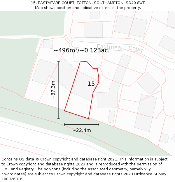 15, EASTMEARE COURT, TOTTON, SOUTHAMPTON, SO40 8WT: Plot and title map