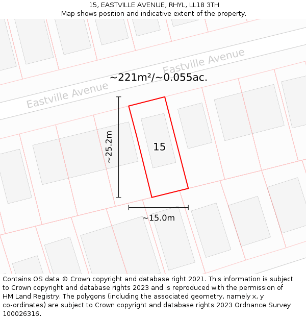 15, EASTVILLE AVENUE, RHYL, LL18 3TH: Plot and title map