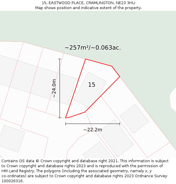 15, EASTWOOD PLACE, CRAMLINGTON, NE23 3HU: Plot and title map