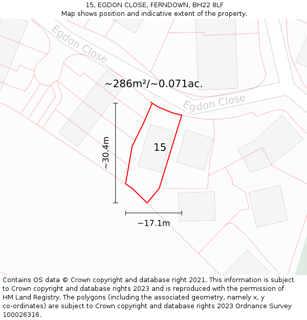 15, EGDON CLOSE, FERNDOWN, BH22 8LF: Plot and title map