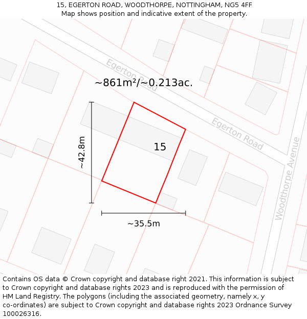 15, EGERTON ROAD, WOODTHORPE, NOTTINGHAM, NG5 4FF: Plot and title map