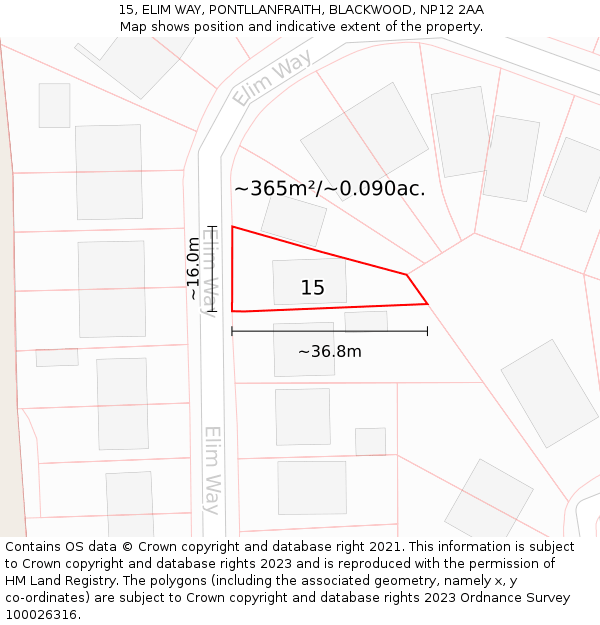 15, ELIM WAY, PONTLLANFRAITH, BLACKWOOD, NP12 2AA: Plot and title map