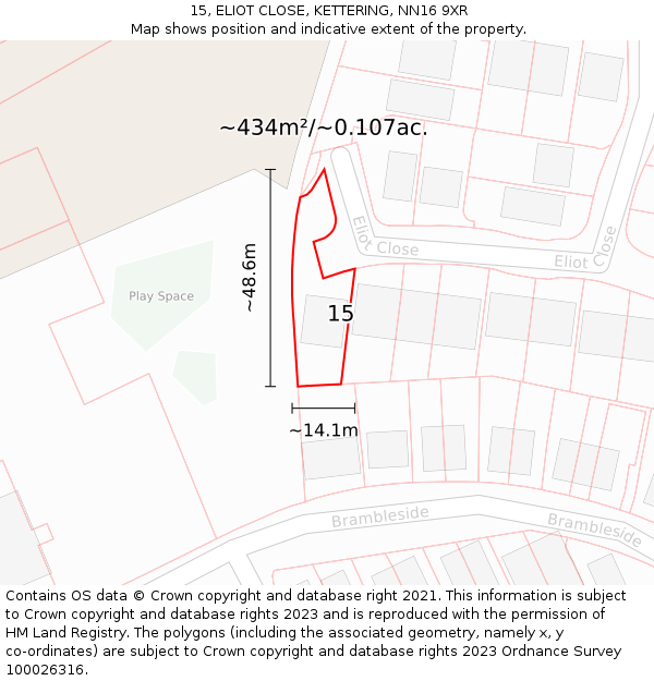 15, ELIOT CLOSE, KETTERING, NN16 9XR: Plot and title map