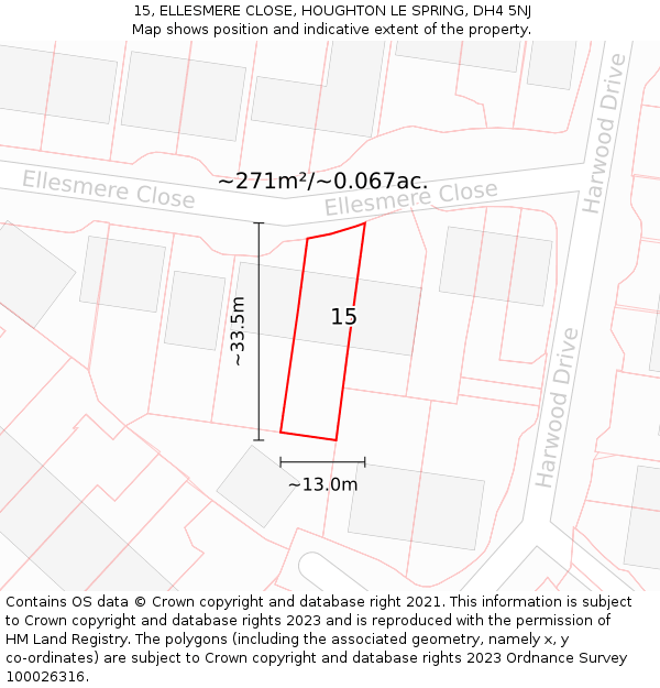 15, ELLESMERE CLOSE, HOUGHTON LE SPRING, DH4 5NJ: Plot and title map