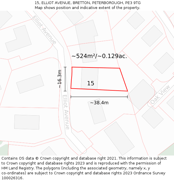 15, ELLIOT AVENUE, BRETTON, PETERBOROUGH, PE3 9TG: Plot and title map