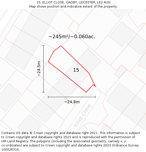 15, ELLIOT CLOSE, OADBY, LEICESTER, LE2 4UN: Plot and title map