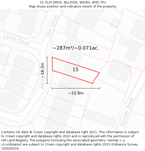 15, ELM DRIVE, BILLINGE, WIGAN, WN5 7PU: Plot and title map