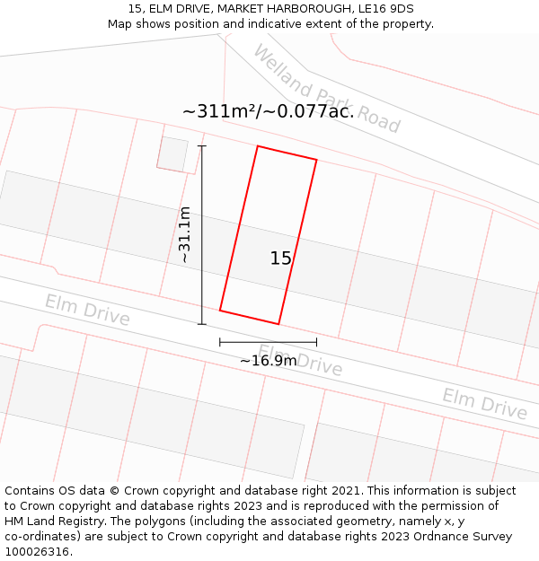 15, ELM DRIVE, MARKET HARBOROUGH, LE16 9DS: Plot and title map