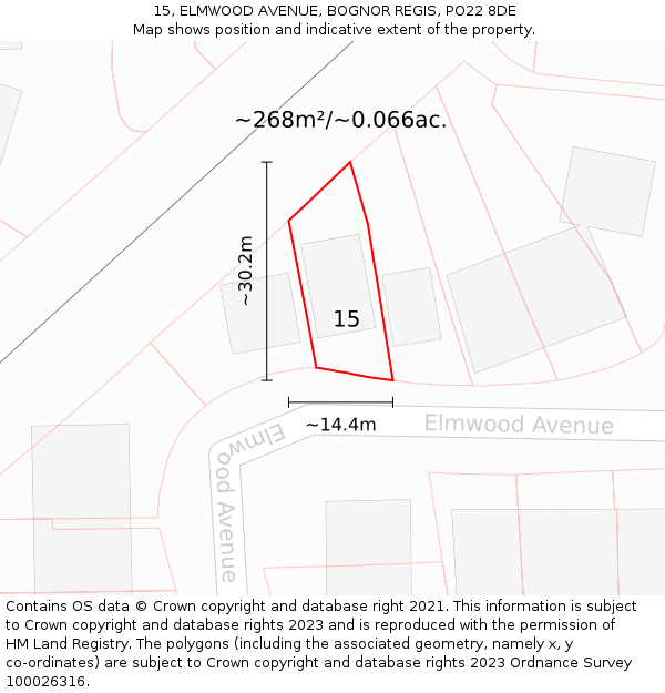 15, ELMWOOD AVENUE, BOGNOR REGIS, PO22 8DE: Plot and title map